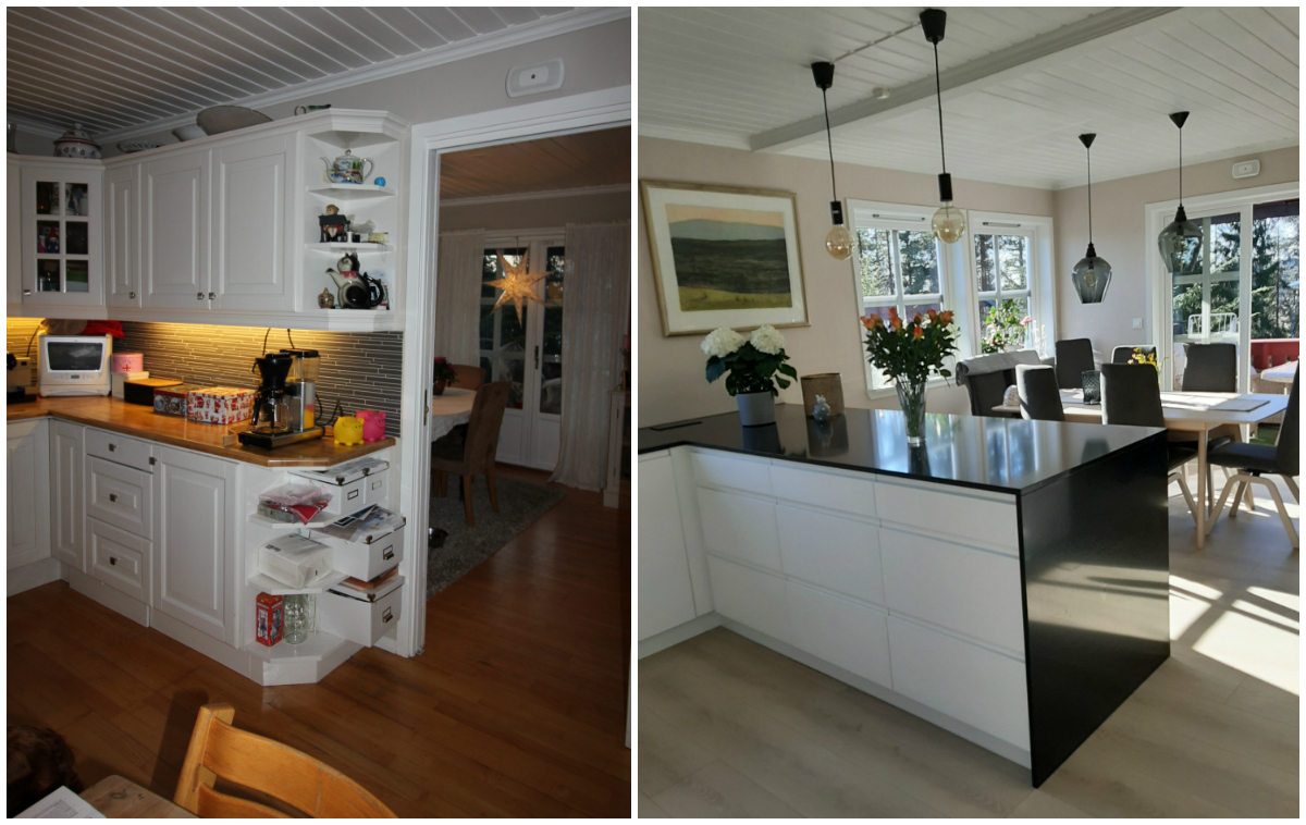 Kjøkkenet før og etter at veggen mellom kjøkken og stue rives