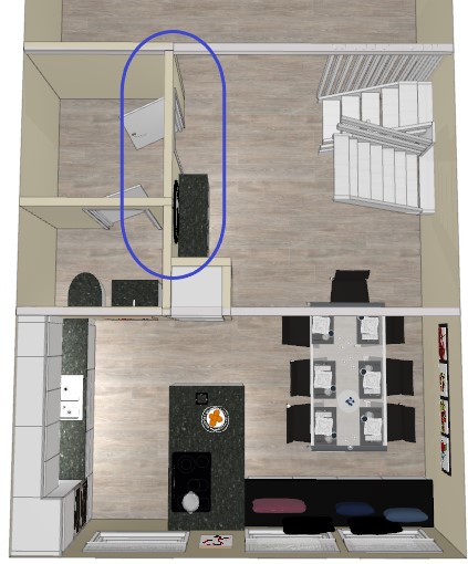 Alternativ hvor veggen åpnes litt mellom kjøkken og stue