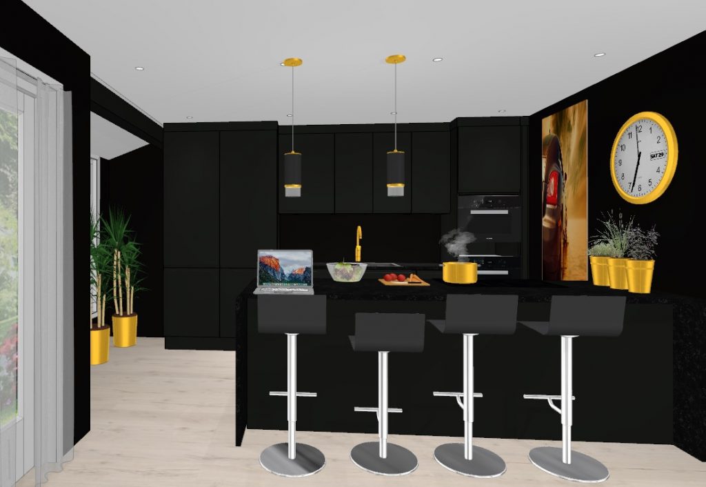 Plan sort kjøkken med gull detaljer