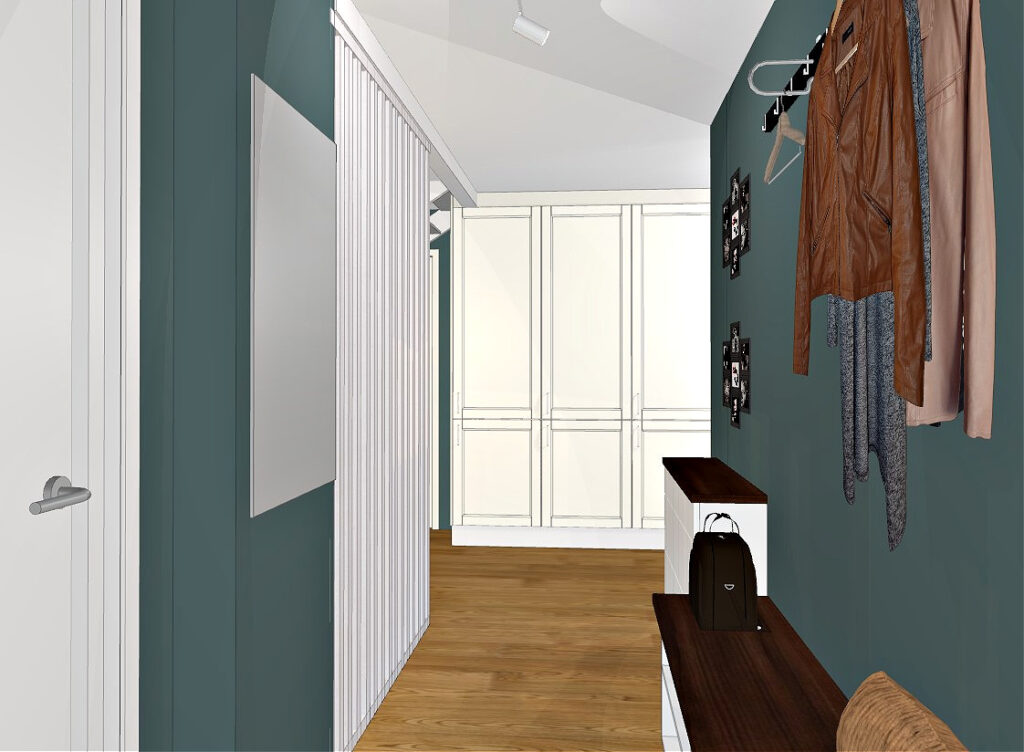 Entréen blir mer luftig dersom garderobeskapet plasseres på veggen inn mot soverommene.
